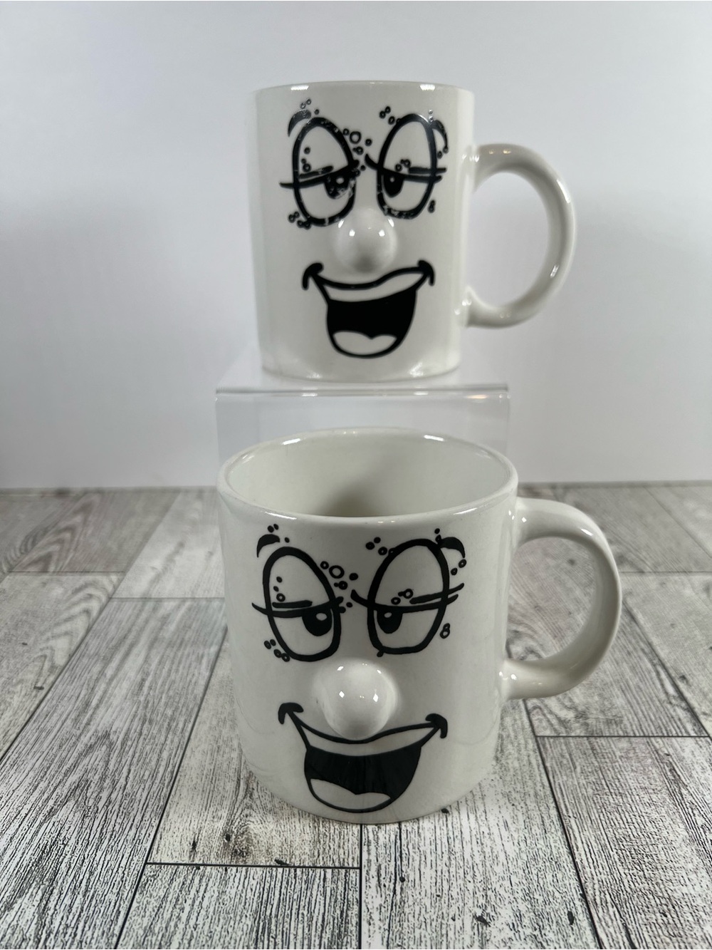 Vintage Funny Face 3D Nose Coffee Mugs Set of 2 White Ceramic Novelty Face Cups